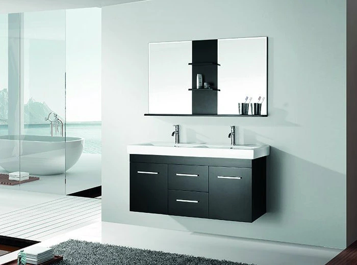 Badezimmer-Schrank aus schwarzem Holz mit Spiegel und Keramikbecken