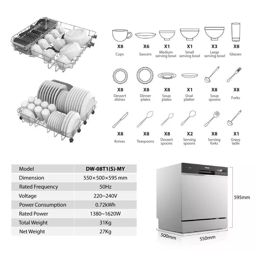 New Design Standing Dishwasher 8 Set Setting UV Anti-Bacterial Filter Dishwasher