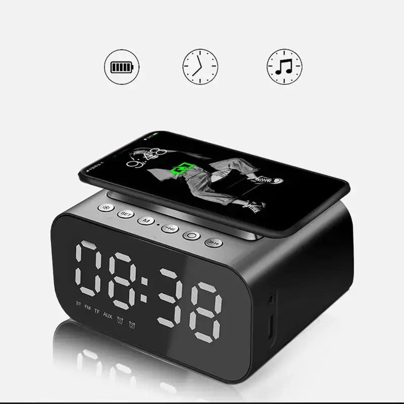 Cargador inalámbrico reloj digital de diseño moderno Bluetooths reloj altavoz con pantalla LED Radio reloj