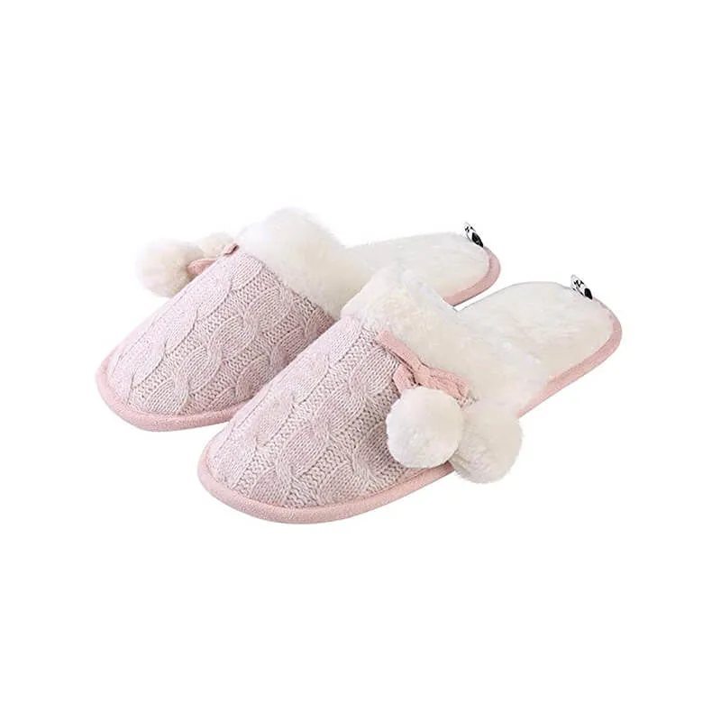 OEM Indoor Faux Fox Fur Plush Flat Ball Knitted Plush Slippers for Women