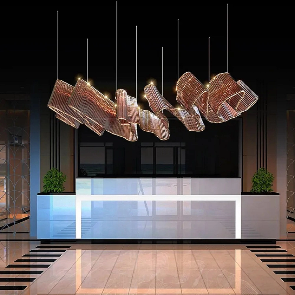 Custom Glass Ribbon Indoor Decoration Lighting Hotel Lobby Villa Stair Banquet Hall LED Chandelier Lamp