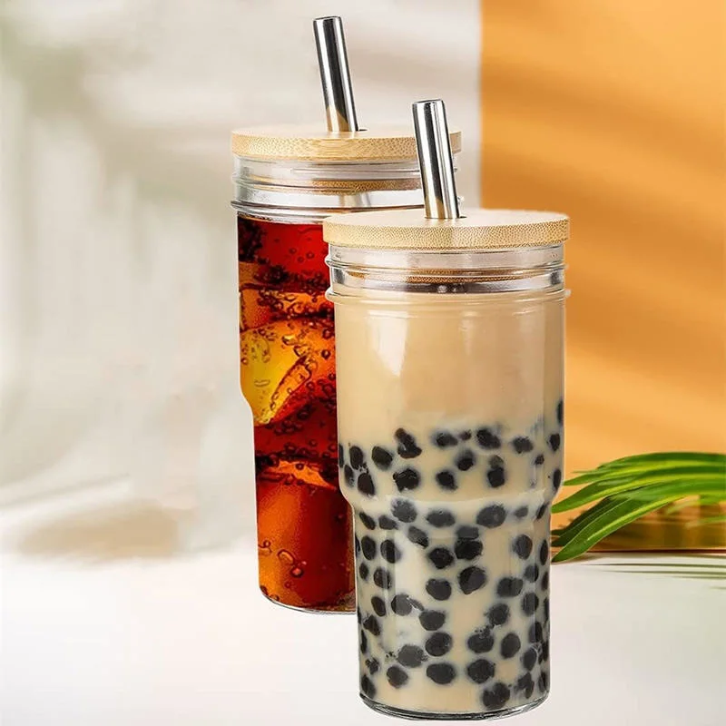 Reusable 22oz Wide Mouth Customized Wholesale/Supplier Glass Mason Cup with Wood Lid and Glass Straw