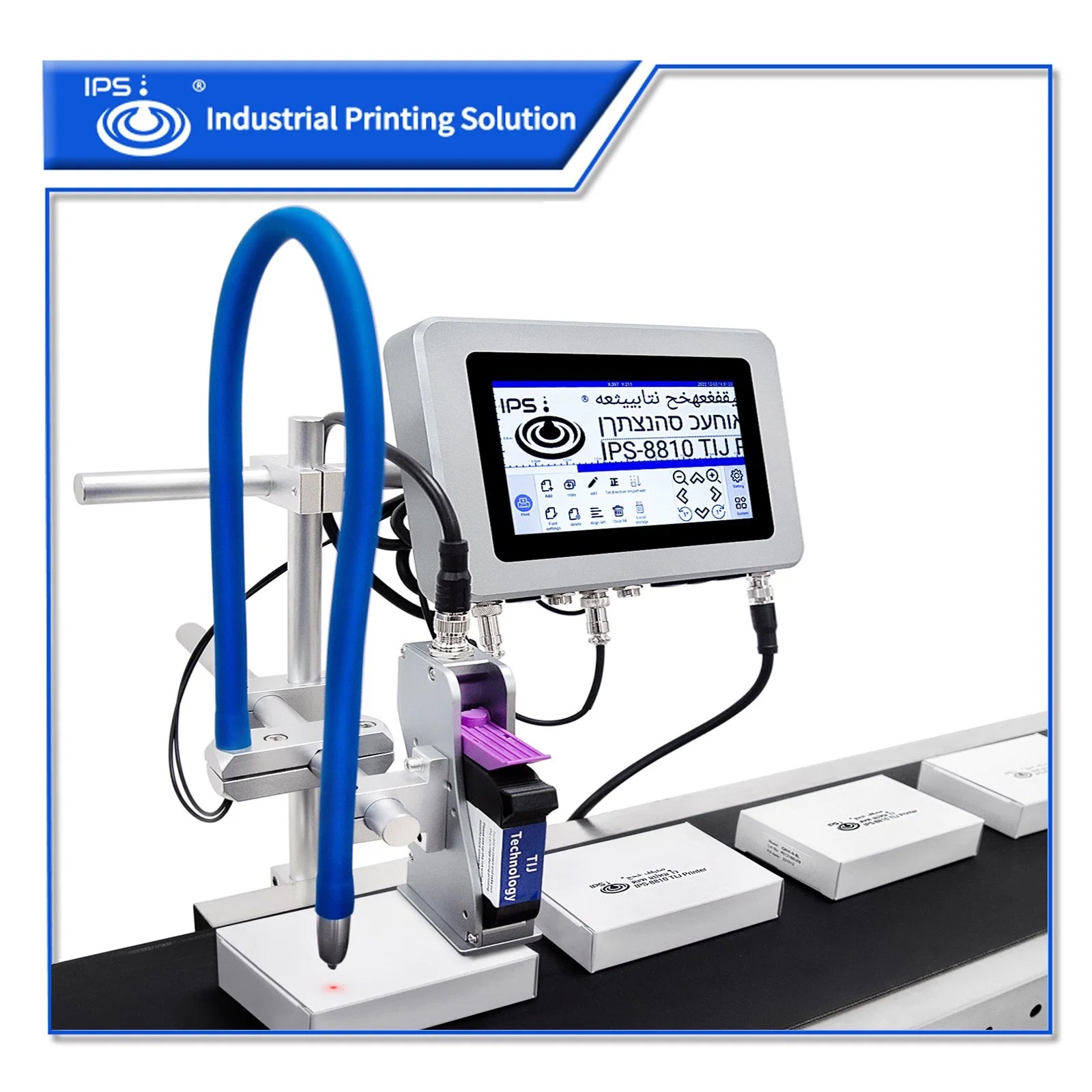 IPS-8530 Novo 38.1mm impressora jato de tinta térmica máquina de Codificação de TIJ plástico logotipo grande MFG Exp Data de Impressão on-line com o Tapete de transporte incluindo os cartuchos de tinta