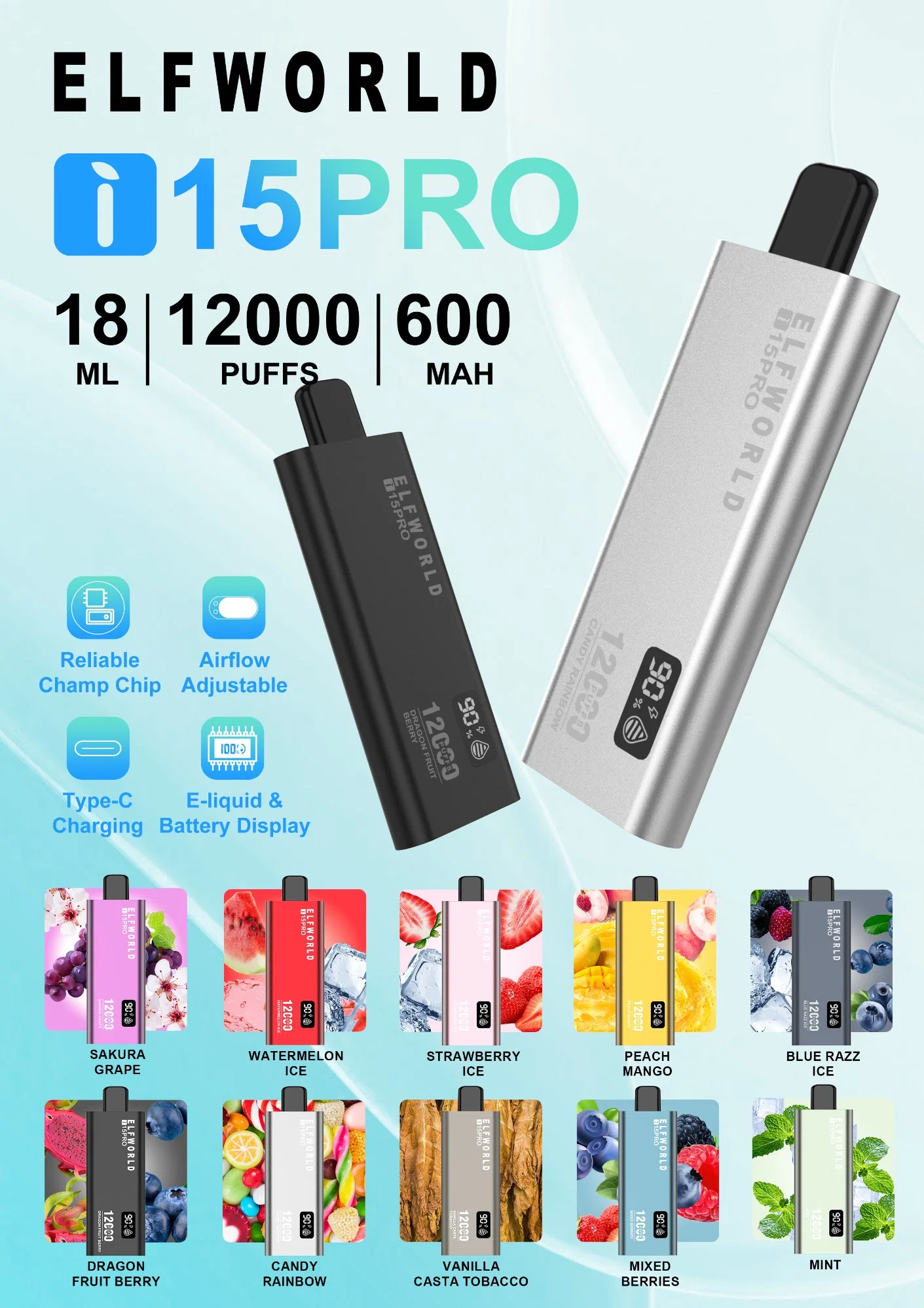 Usine Vente en gros Elf World 600 mAh batterie rechargeable 0% 2% 3% Sel de nicotine 5% Elfworld I15 PRO 12000 Puffs mince jetable Grille d'écran réglable à débit d'air