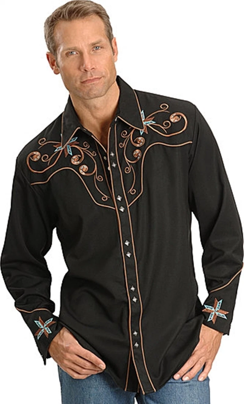 Boutique de vente en gros 65%35%rayonne Polyester Mens cow-boy de l'ouest de la broderie Chemises tissées, mens de vêtements, de vêtements haut de mens, Mens