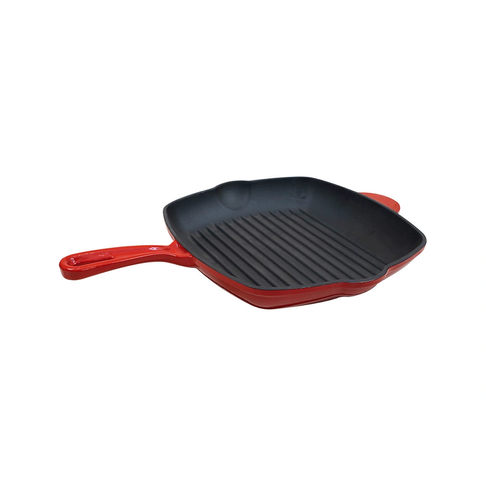 Enameled Cast Iron Cookware Square Frying Pan with Red Enamel Handles