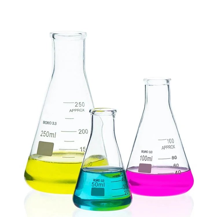 Expérience en laboratoire Bouteille en verre de 250 ml 500 ml 1000 ml Fond plat Bouche étroite Verre Erlenmeyer Flacon conique en verre borosilicaté