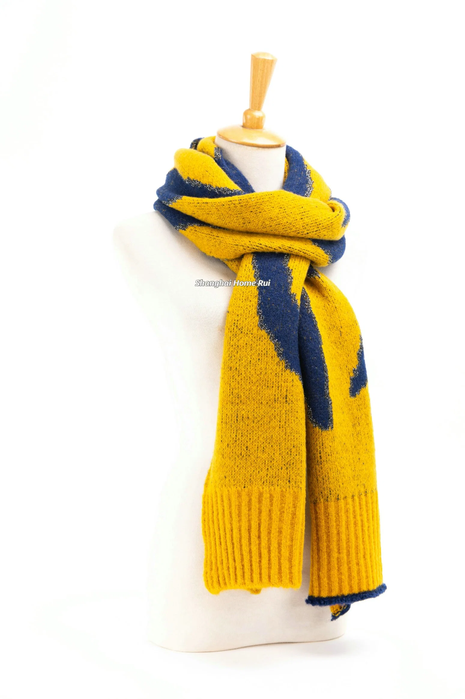 Fashion Accessory Men Winter Mustard Navy Acrylic Lurex Metalic Yarn Knitted Fringe Zebra Jacquard Stripe Design Long Scarf