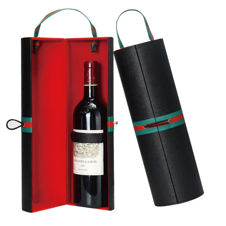 Black Portable Wine Case PU Leather Cylinder Wine Box 1 Bottle Carrying Case for Packing Wine Bottle