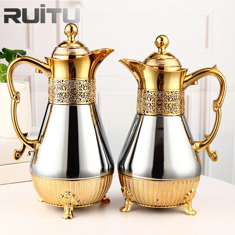 Dubai Luxury Gold Plated Insulated Vacuum Flask Thermos Liner de vidrio Dentro bebida duradera agua ollas taza Saucer té Conjuntos Árabe Dallah Juego de Regalo Café Árabe