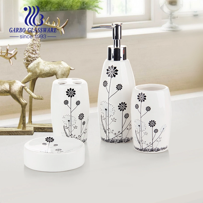 Customized Decal Design White Porcelain Shampoo Body Wash Dispenser Bottle Toothbrush Cup Soap Container Bathroom Accessories