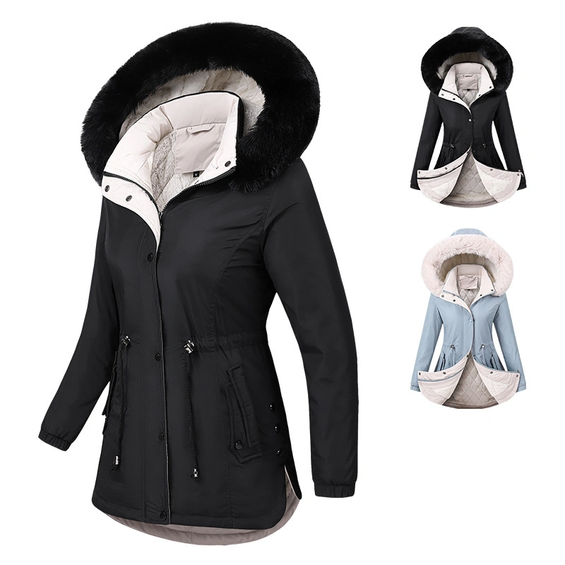 Custom modische lange Frauen Baumwolle Wind Jacke Kleidung mit Fell Kapuzenpullover