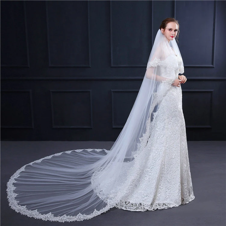 New Bridal Veil Double-Layer Hair Comb Exquisite Lace Trailing Long Veil Wedding Dress Wedding Accessory