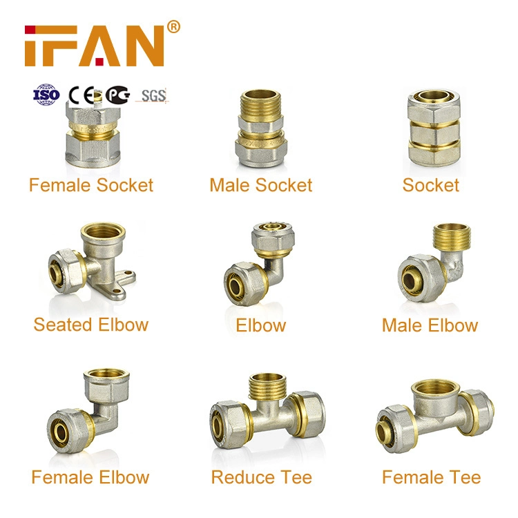 Ifan Brass Pex Pipe Fittings 20-32mm Double Color Coupling Elbow Tee Pex Brass Compression Fittings