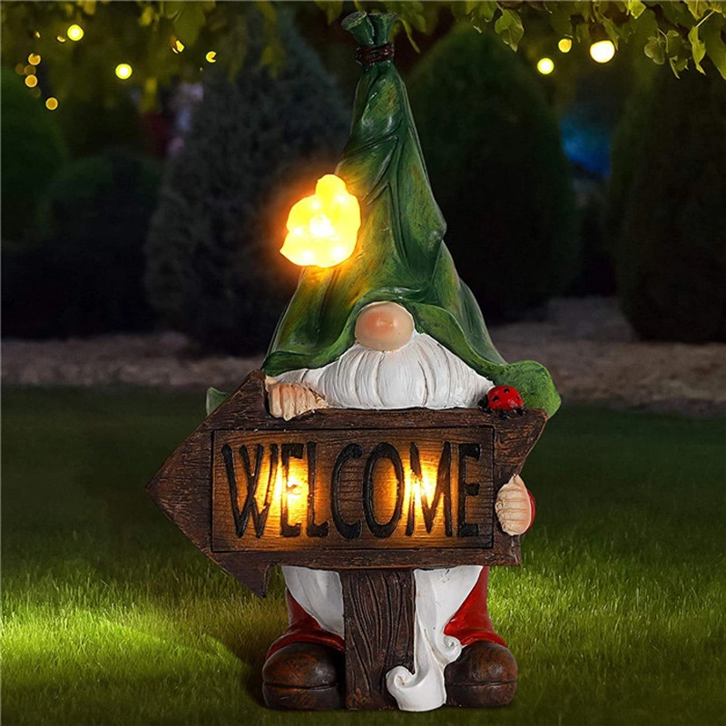 Großhandel Solar Powered LED Poly Resin Willkommen Zeichen Gnome Statue Landschaftsbeleuchtung Garten Garten Urlaub Dekoration Yard Dekorative Beleuchtung