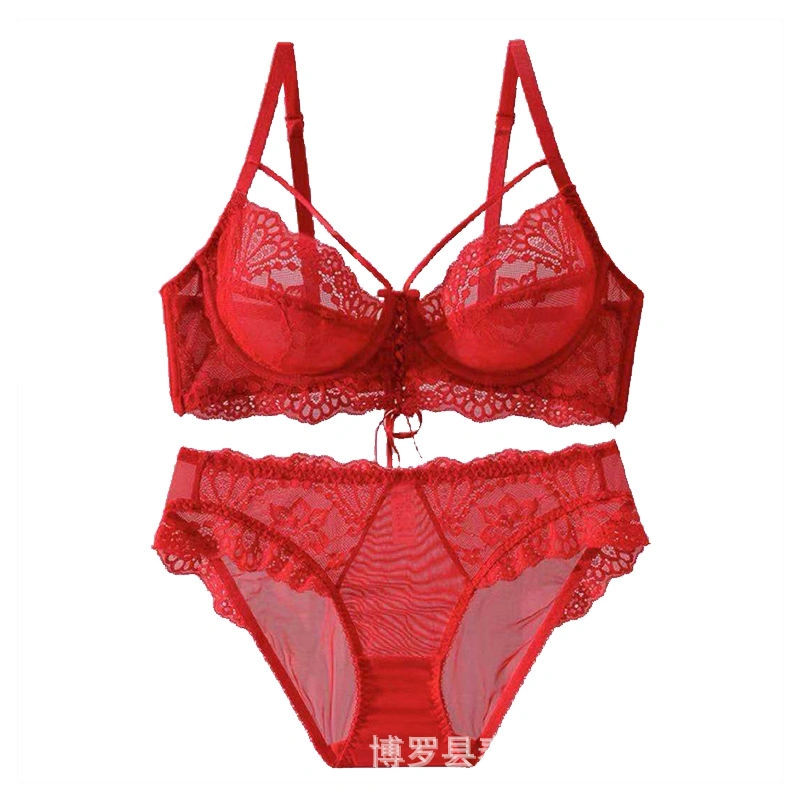 Ensemble de lingerie sexy personnalisé en dentelle légère rose transparente pour femmes, soutien-gorge et sous-vêtements.