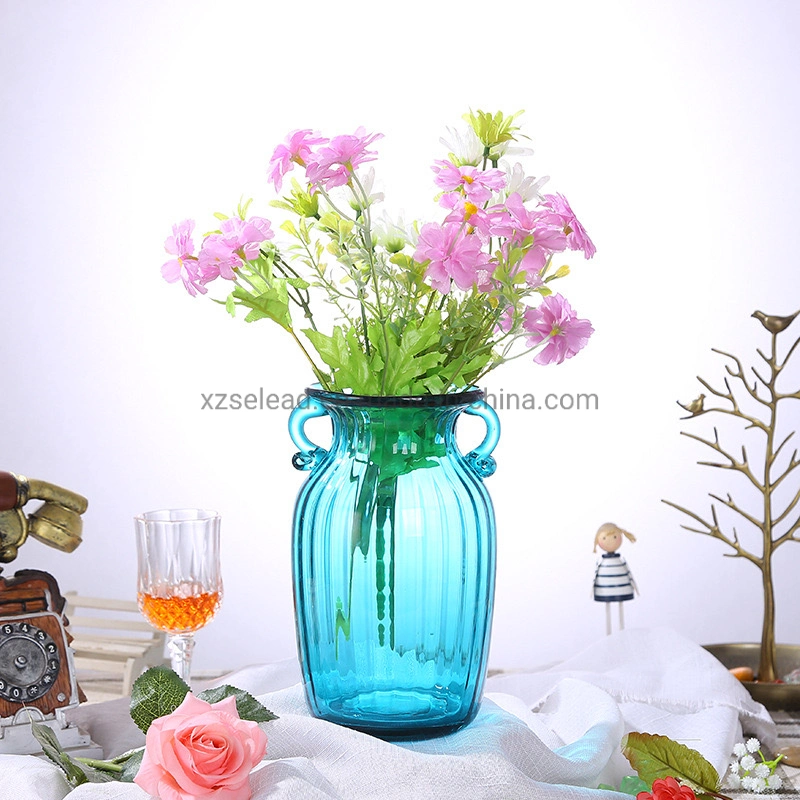 Colorful Flower Vase Glass with Handle Handmade Glass Vase for Centerpiece Home Decorative