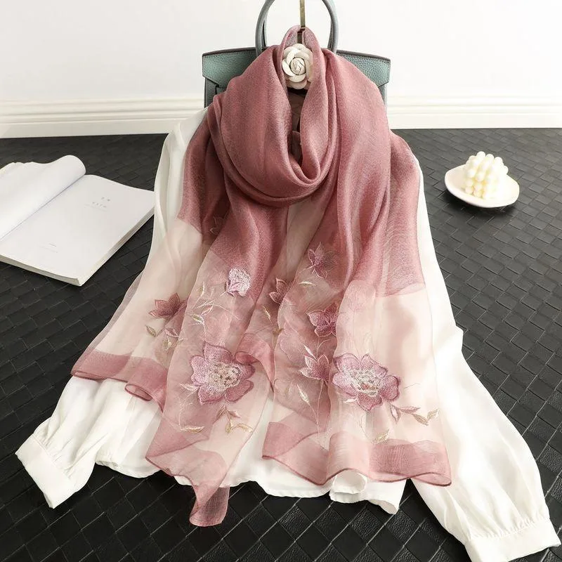 Premium Women Wool Silk Scarf Embroidery Mulberry Silk Scarves Comfortable Shawl