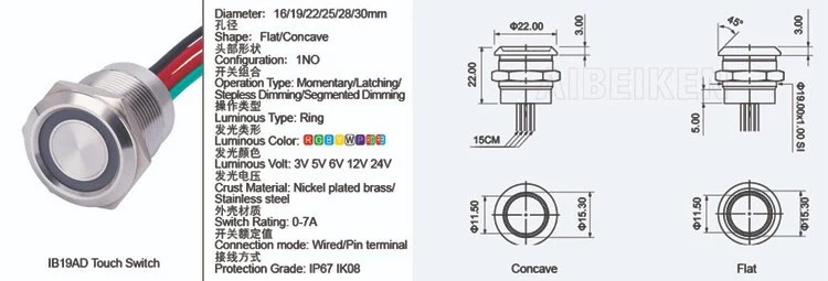 Red Green Ring Light Waterproof 19mm IP68 Electric 12V 24V Capacitive Metal Stainless Steel Touch Piezo Switch