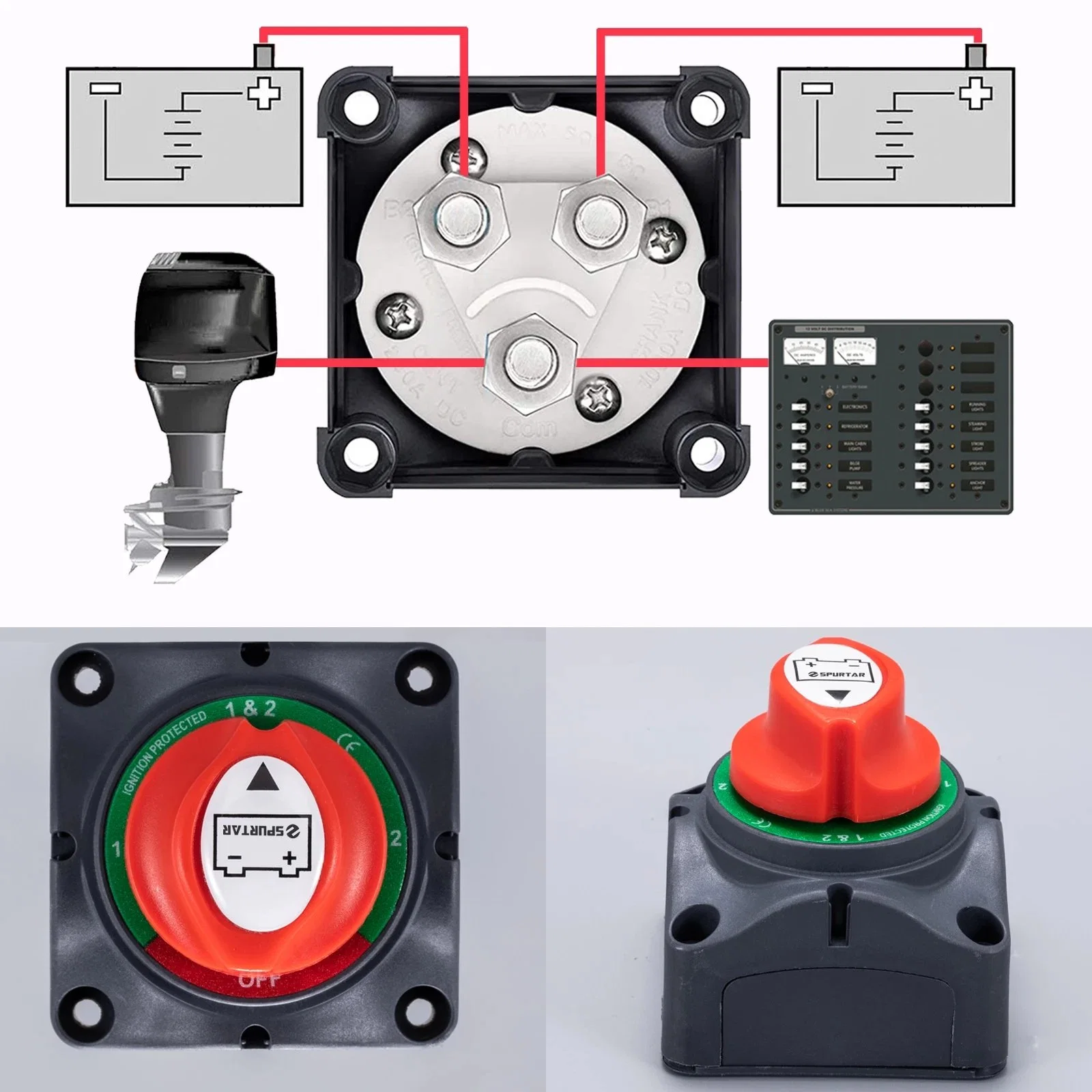 Auto Battery Disconnect Switch 12V 60V 300A Two Battery Switch Battery Selector Switch Power on off for Car Boat