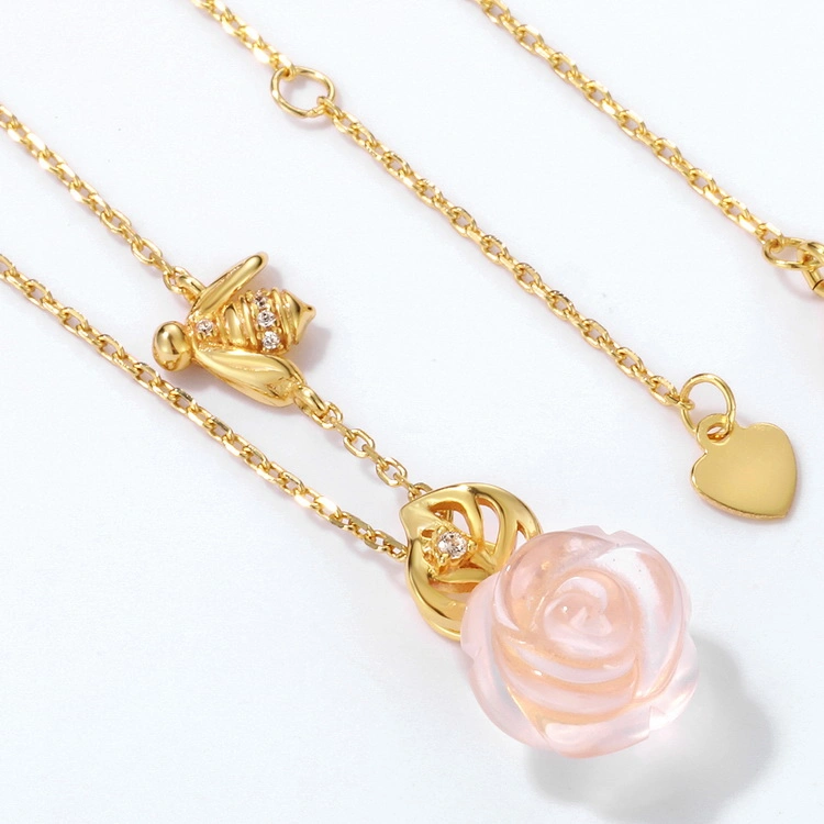 New Arrival S925 Silver Bee Flower Necklace Valentine's Day Gift Natural Pink Crystal Pendant Necklace