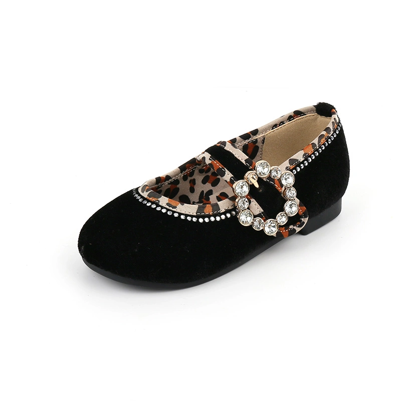 Velvet Pearl Embellishment Velcro with Rhinestone Buckle Flat Children Shoes