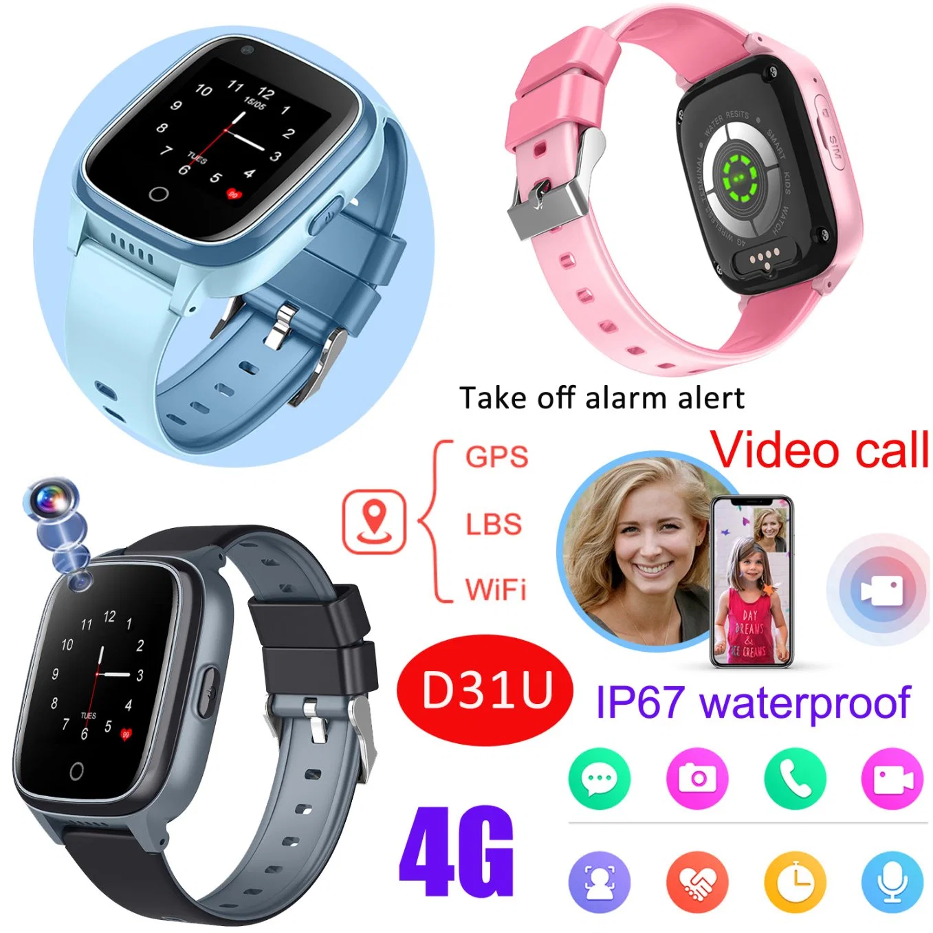 Fornecimento de fábrica 4G IP67 GPS de segurança para crianças com localização oculta à prova de água Tracker Android Smart Watch com alerta de descolagem de chamadas de vídeo Modo de sala de aula D31U