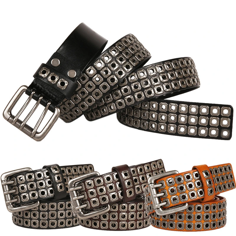 New Style Eyelet Hollow Rivet Men's First-Layer Cowhide Belt Nightclub Wholesale Men Women's Three-Pin Buckle Rivet Belt