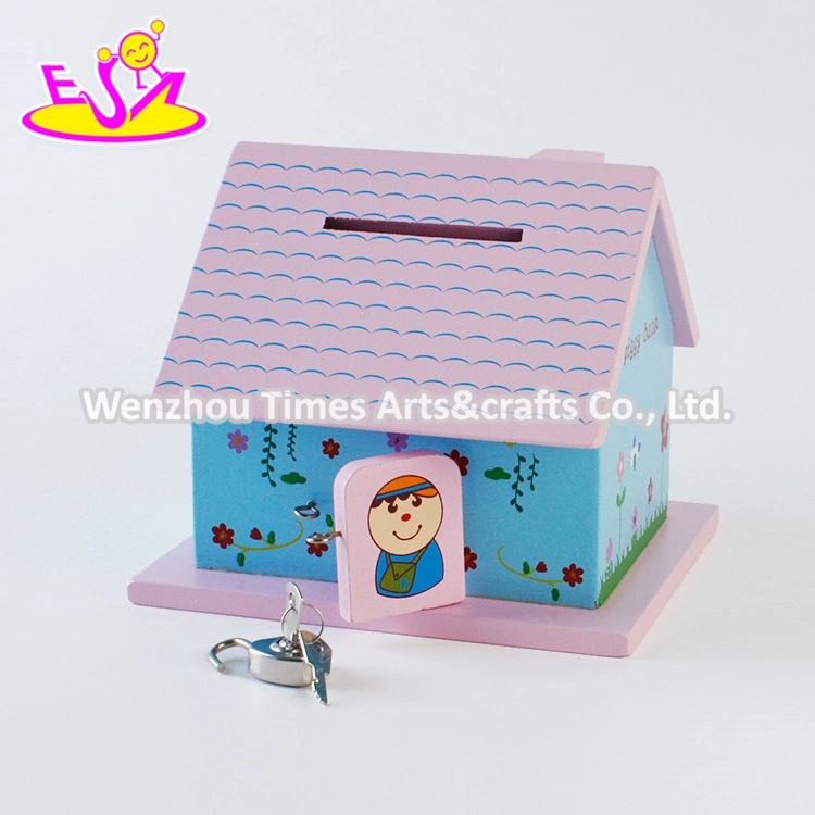 New Design Cute House Shape Wooden Coin Bank for Children Saving Money W02A278