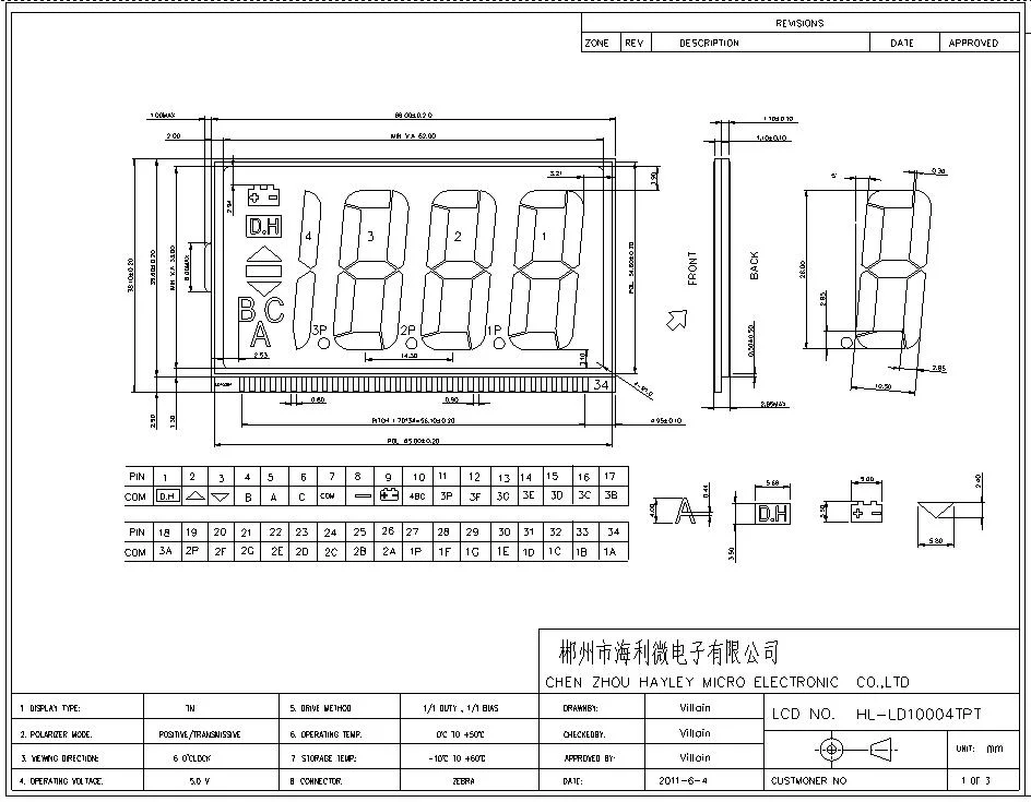 OEM ODM Industrial Instrument Display 34 Pin Positive Transmissive 6 O&prime; Clock Tn Segment LCD Display