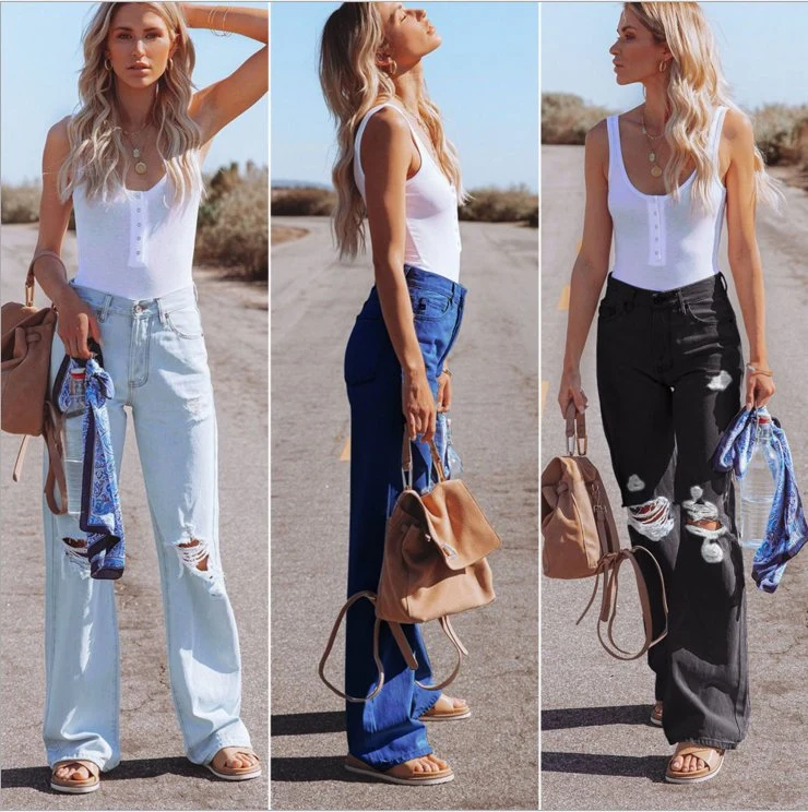 New Style Fashion Washed Ripped Jeans Women's High-Waist Loose Jeans