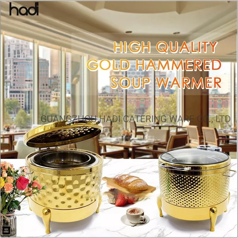 Guangzhou Hadi Catering Ware Soup Warmer 11liter Luxury Golden Hammered Soup Kettle Warmer Buffet Chafing Dish Soup Pot with Glass Lid