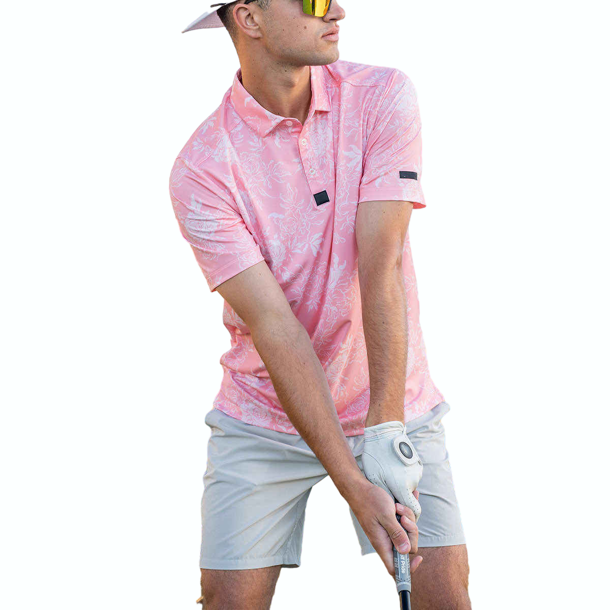 Chemise de golf polo brodée par sublimation avec motif floral.