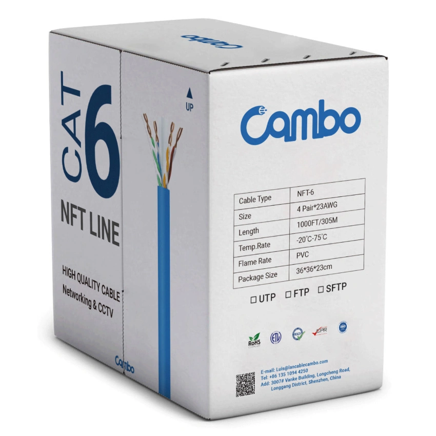 Cambo CAT6 Cable Nft Line/Series CCTV Cabliing LAN Cable UTP CCA 550MHz High Speed 4pr 100m 305m 500m LAN CAT6 Cable