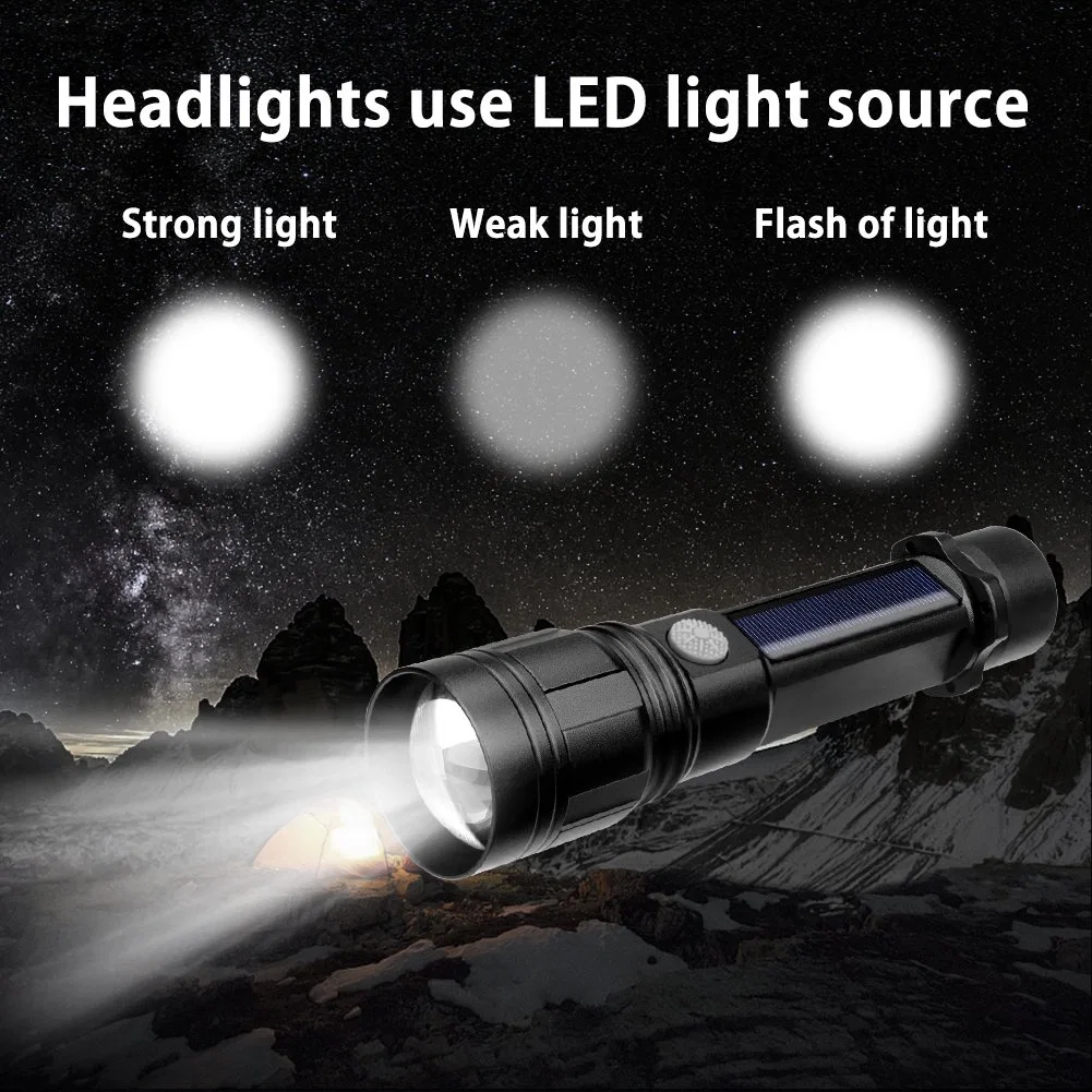 USB Rechargeable T6 LED Torch Lamp Multi-Function Zooming Adjustable Flash Light with Compass 3.7V 2000mAh Solar Aluminum Zoomable Flashlight