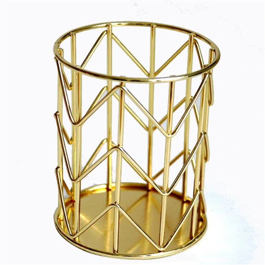 Custom Stationery Desk Desktop Gold Round Metal Wire Pen Pencil Holder