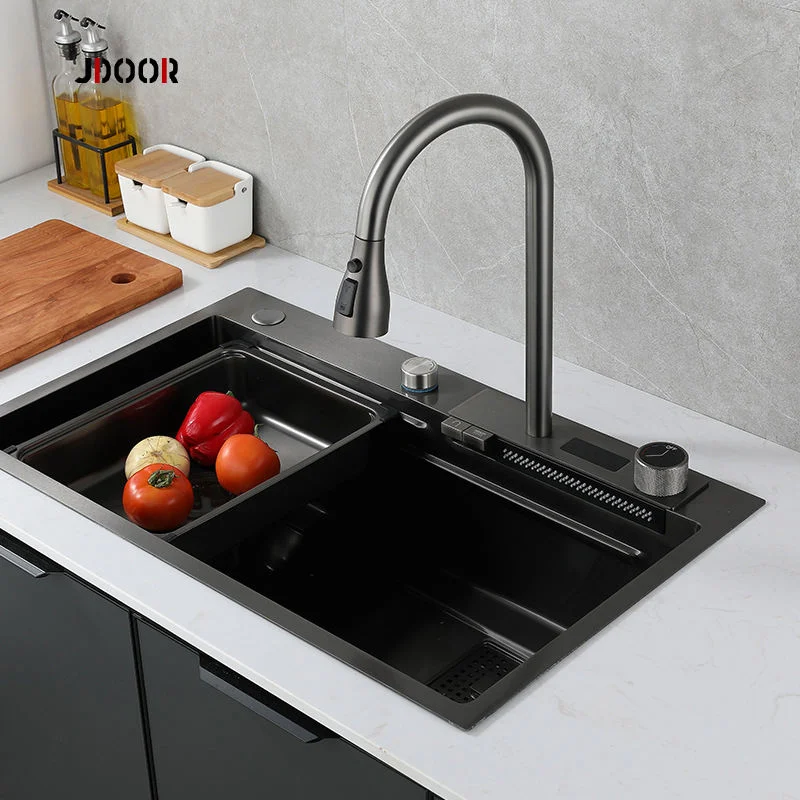 Modern Black Temperature Digital Display Double Bowl Wash Basin 304 Stainless Steel Waterfall Hand Made Kitchen Sink with Waterfall Faucet