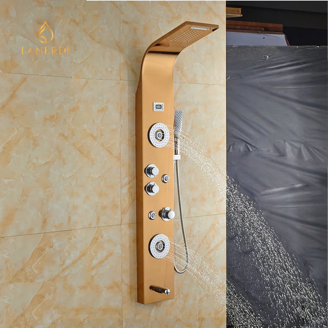 Corpo de massagem SPA Jet seis funções do painel de chuveiro chuveiro de ouro para montagem na parede com visor de temperatura do painel de torre