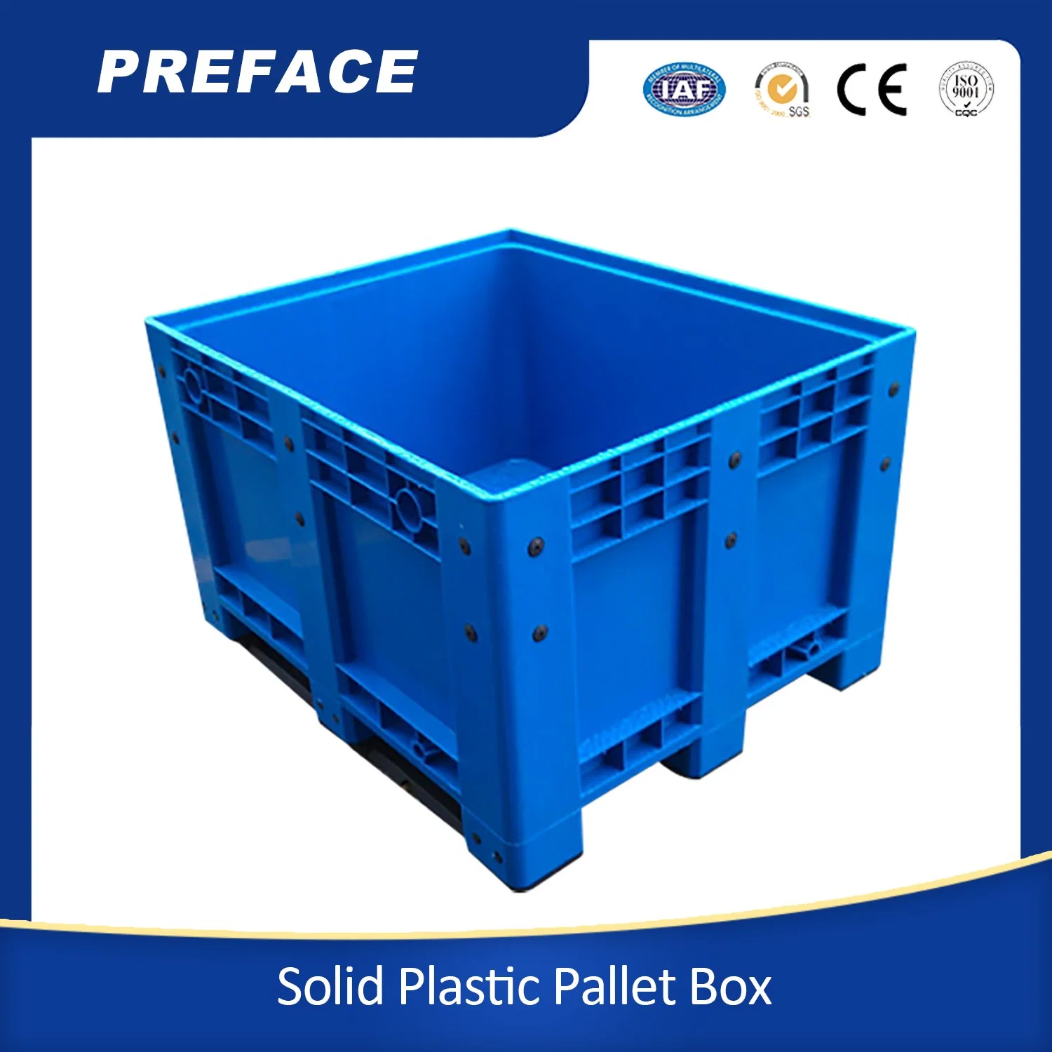 Heavy Duty Grey Blue Green HDPE High Rigid Durable Food Grade Battery Solid Wall Plastic Pallet Box with Lid Wheels