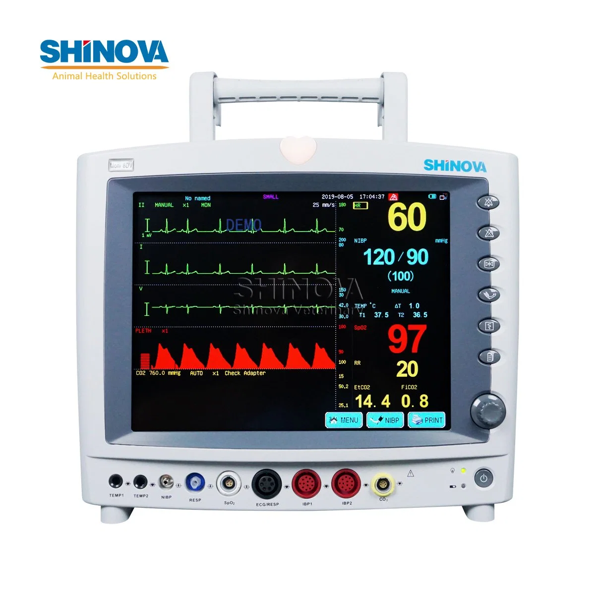 شاشة Shinova بشاشة لمس بقياس 12.1 بوصة ذات معلمات متعددة مع etCO2 لـ استخدام المستشفى البيطري