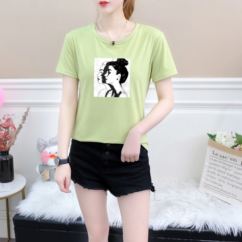 Neue Mode T-Shirt Frau Frühling Sommer Mädchen Print Short Ärmel O-Ausschnitt Baumwolle Spandex Frauen Top Slim Fit weich Damen-T-Shirt