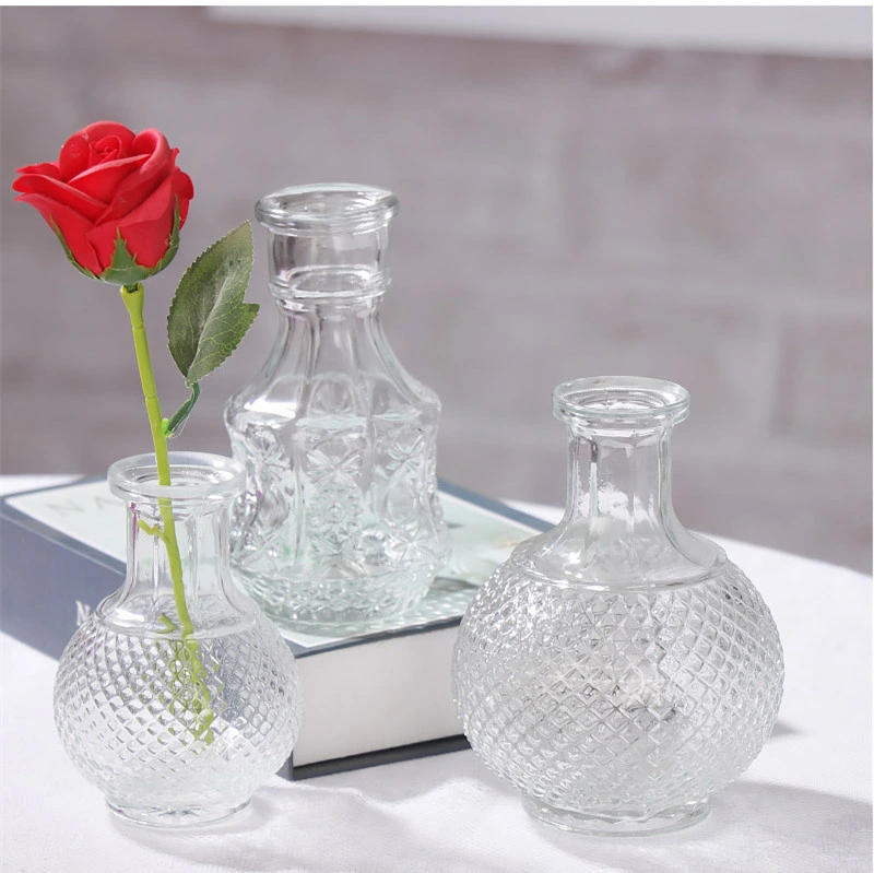 Vintage Relief Glass Mini Vase Transparent Hydroponic Flower Vase for Tabletop