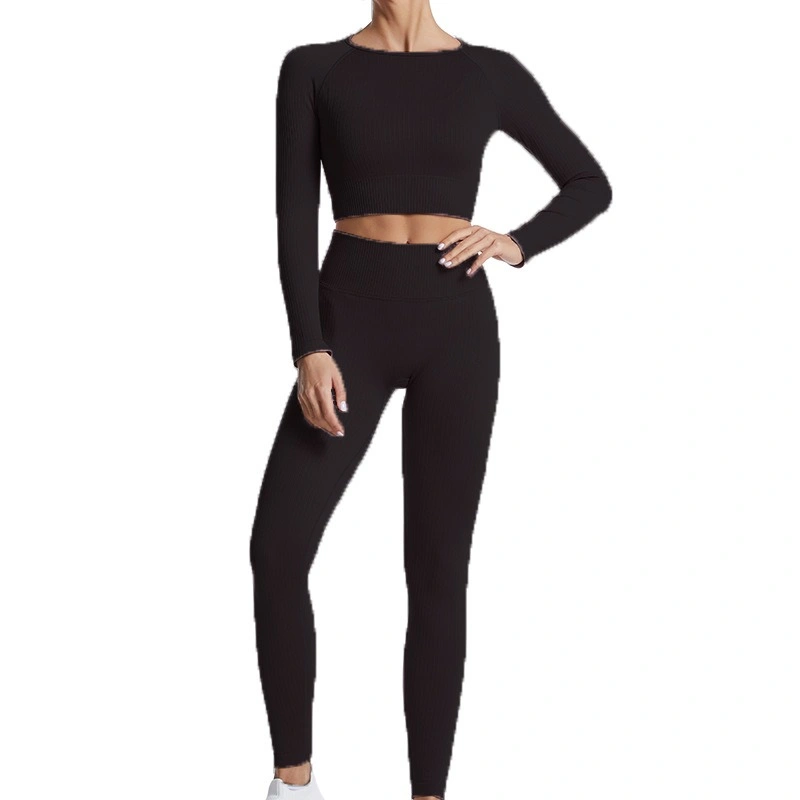 Quick Dry Ribbing Yoga Uniform Solid Color Long Sleeve Tops and High Waist Pants Suits Women Fitness Wear #Ywjy1156