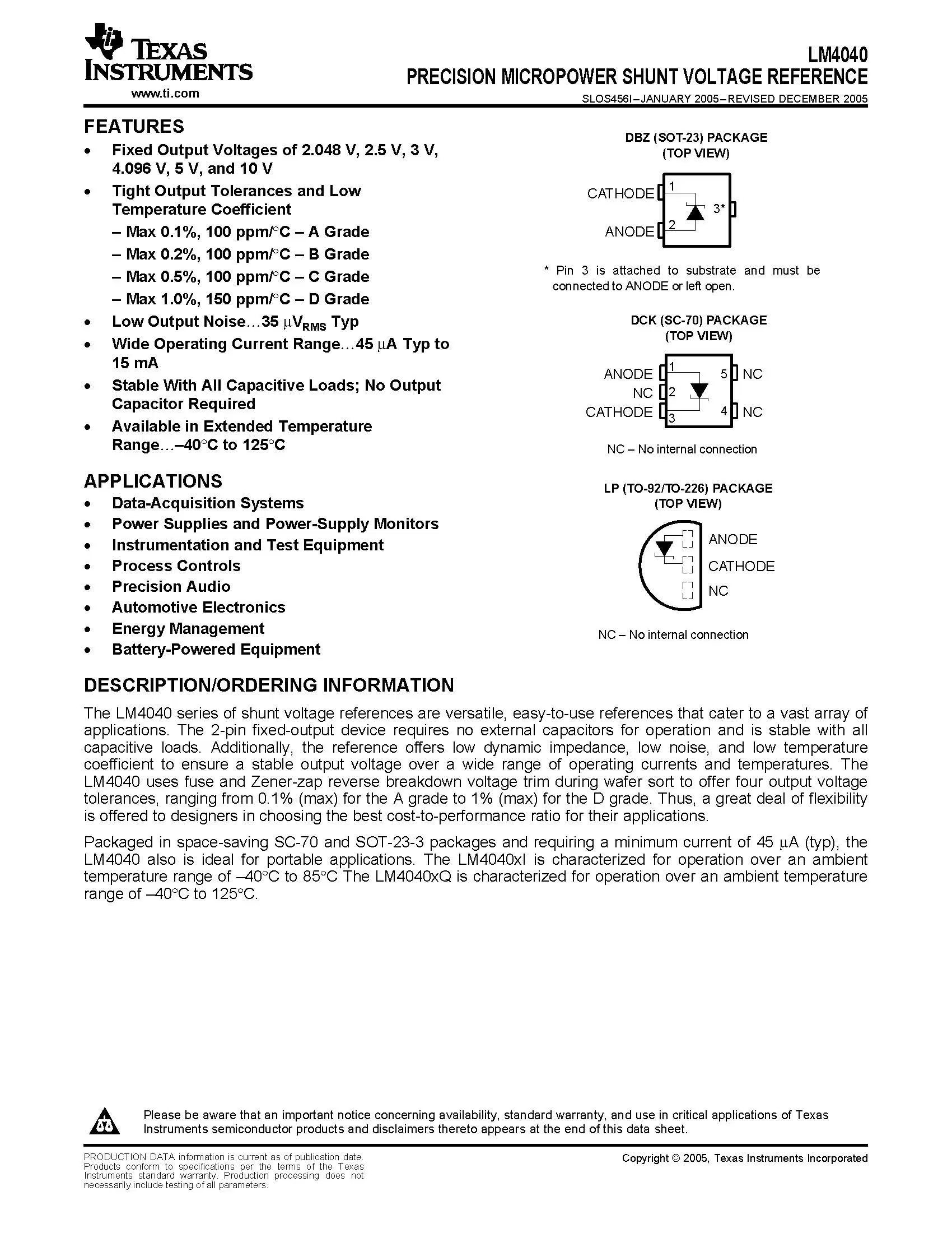 PRECISION MICROPOWER SHUNT VOLTAGE REFERENCE integrated circuit