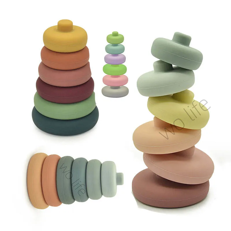 Bloques de construcción de apilamiento de silicona Baby Toy, juguetes de mascar para dentición segura