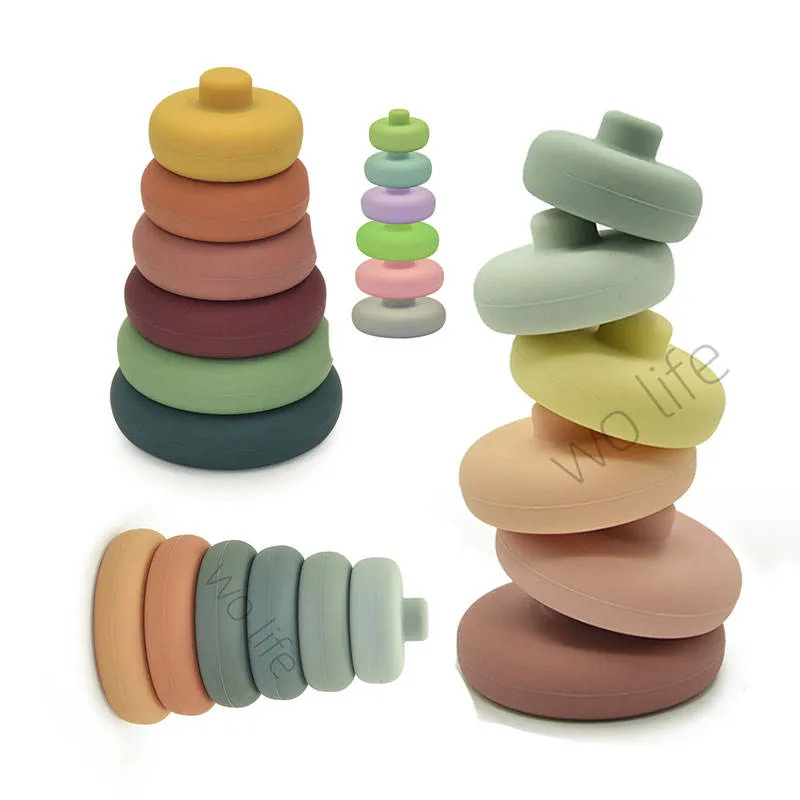 Jouet de construction empilable en silicone pour bébé, jouets sûrs pour la dentition et la mastication.