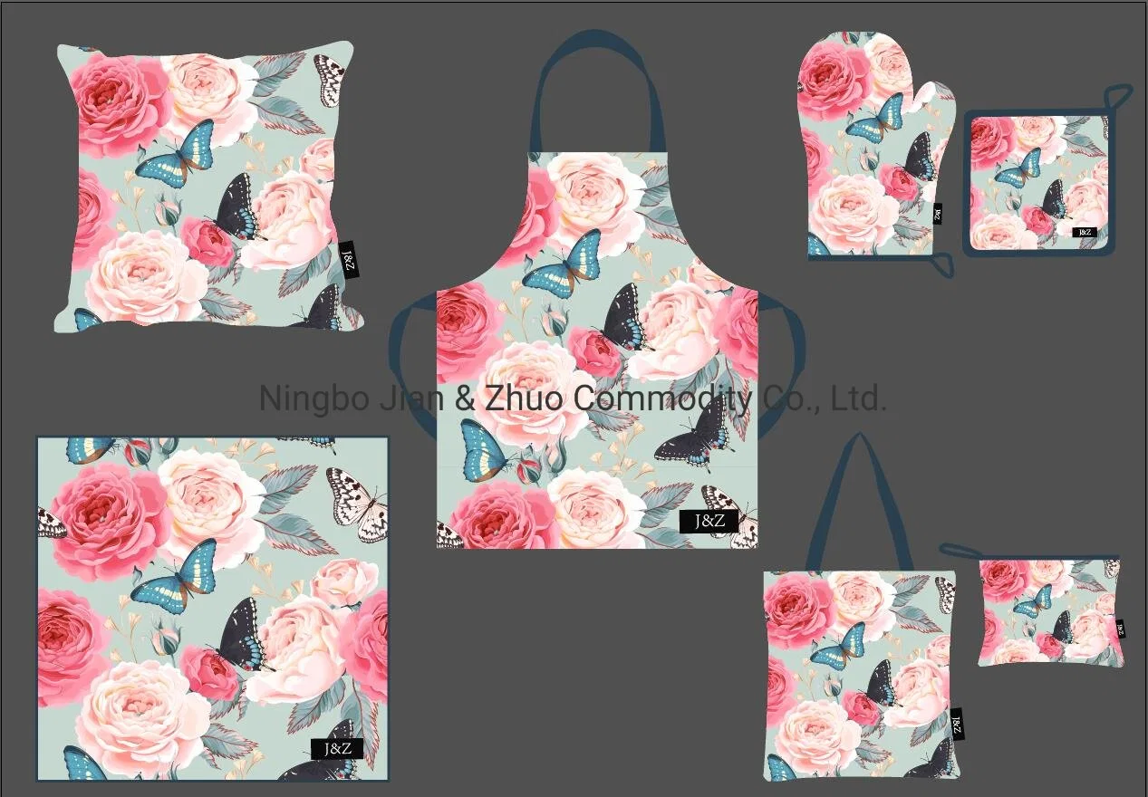 Custom Digital Print Rose and Butterfly Polyester or Cotton Kitchen Textile Set Kitchen, Home Decoration, and Shopping.