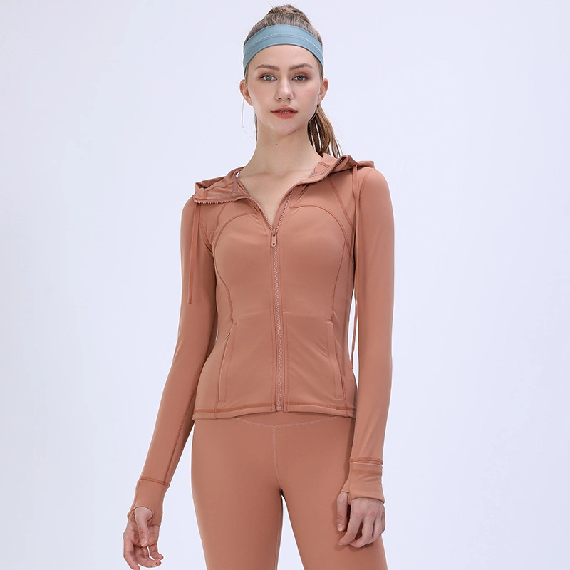 Autumn/Winter Hooded Jacket Top Yoga Coat Long Sleeved Slim Fit Sports Fitness Wear for Women