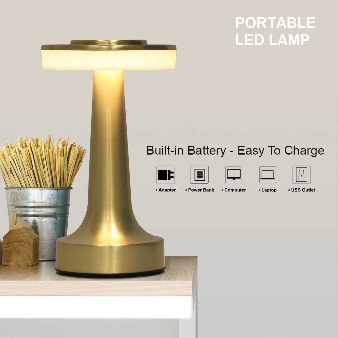 Golden Mini Cordless Restaurant Bar Table Lamp with Rechargeable Battery Built in