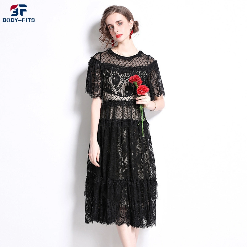 2023 Summer Women&prime; S Dresses Black Lace Round Neck Short Sleeves Slim Fit MID-Length Swing Dress